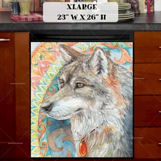 Preview of Beautiful Native Wolf and Mandala magnet in Extra Large size.