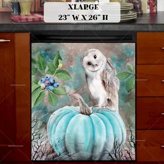 Preview of Cute Barn Owl Sitting on a Blue Pumpkin magnet in Extra Large size.