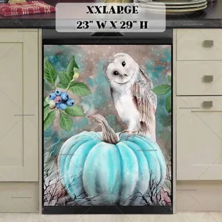 Preview of Cute Barn Owl Sitting on a Blue Pumpkin magnet in XX Large size.