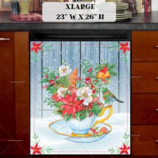 Preview of Winter Teacup with Flowers and Bird magnet in Extra Large size.