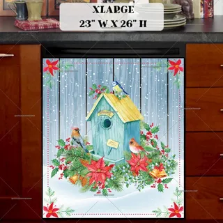 Preview of Winter Birdhouse with Flowers and Bird magnet in Extra Large size.