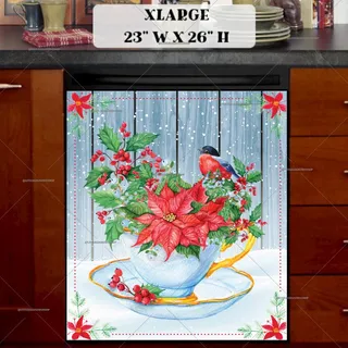 Preview of Winter Teacup with Flowers and a Robin magnet in Extra Large size.