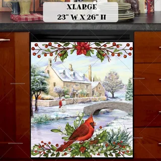 Preview of Winter Cottage and a Cardinal magnet in Extra Large size.