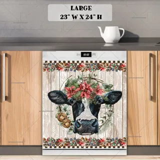 Preview of Farmhouse Cow with Poinsettia magnet in Large size.