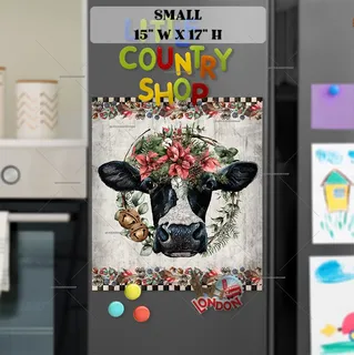 Preview of Farmhouse Cow with Poinsettia magnet in Small size.