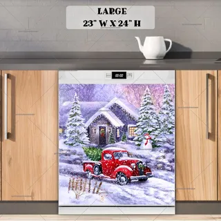 Preview of Red Truck with Snowman and Cottage magnet in Large size.