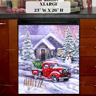 Preview of Red Truck with Snowman and Cottage magnet in Extra Large size.