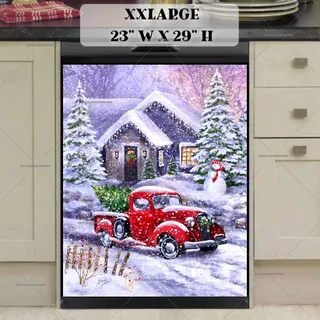 Preview of Red Truck with Snowman and Cottage magnet in XX Large size.