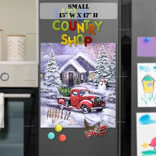 Preview of Red Truck with Snowman and Cottage magnet in Small size.