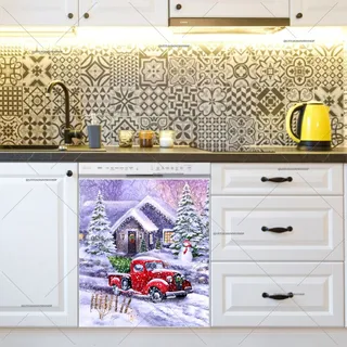 Preview of Red Truck with Snowman and Cottage magnet.