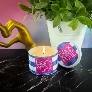 Preview of “Back & Body Hurts” Funny Candle.