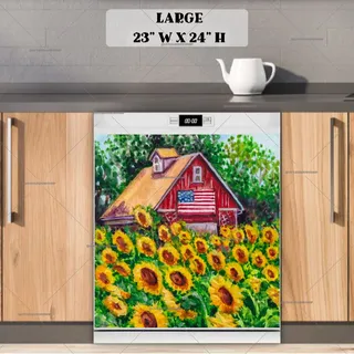 Preview of Barn with an American Flag and Sunflowers magnet in Large size.