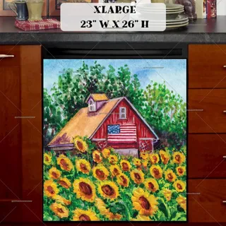 Preview of Barn with an American Flag and Sunflowers magnet in Extra Large size.