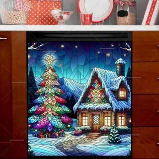 Preview of Stained Glass Christmas Cottage magnet.