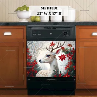 Preview of White Deer and Red Poinsettias magnet in Medium size.