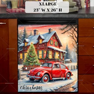 Preview of Little Red Car and Christmas Cottage magnet in Extra Large size.