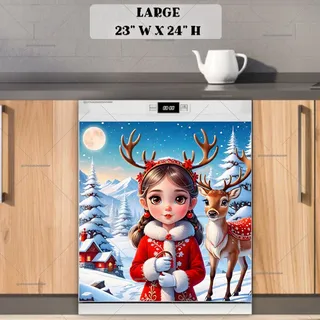 Preview of Christmas Elf Girl with a Deer magnet in Large size.