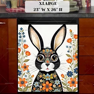 Preview of Folklore Black Rabbit with Flowers magnet in Extra Large size.