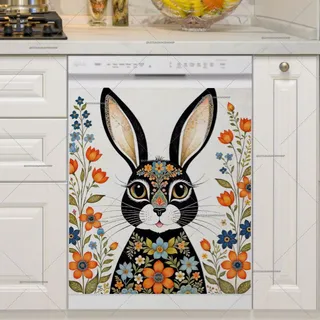 Preview of Folklore Black Rabbit with Flowers magnet.