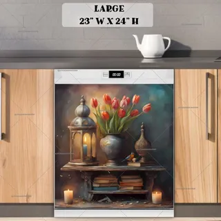 Preview of Rustic Table with Lantern and Tulips magnet in Large size.