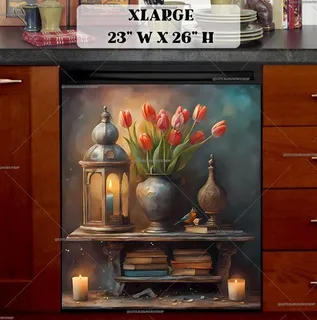 Preview of Rustic Table with Lantern and Tulips magnet in Extra Large size.