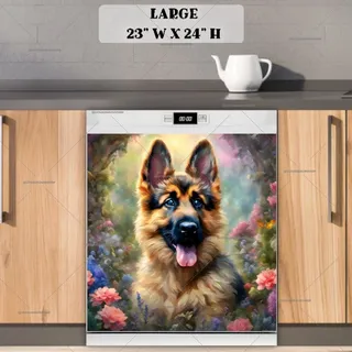 Preview of Baby German Shepherd in the Garden magnet in Large size.