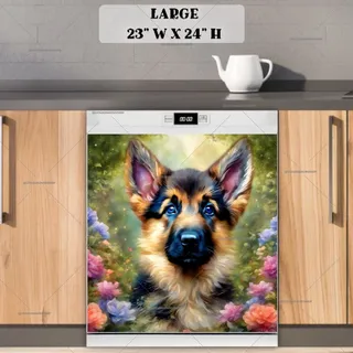 Preview of German Shepherd Puppy and Flowers magnet in Large size.