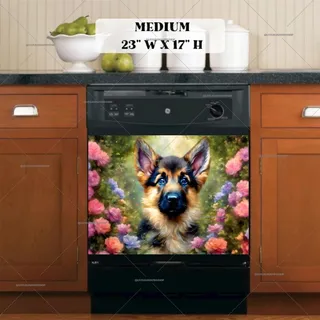 Preview of German Shepherd Puppy and Flowers magnet in Medium size.