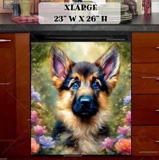 Preview of German Shepherd Puppy and Flowers magnet in Extra Large size.