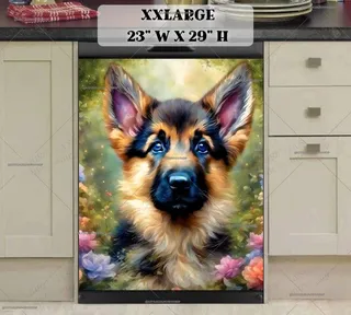 Preview of German Shepherd Puppy and Flowers magnet in XX Large size.