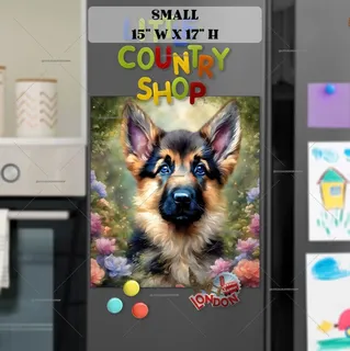 Preview of German Shepherd Puppy and Flowers magnet in Small size.