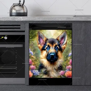 Preview of German Shepherd Puppy and Flowers magnet.