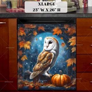 Preview of Barn Owl with Pumpkins and Leaves magnet in Extra Large size.