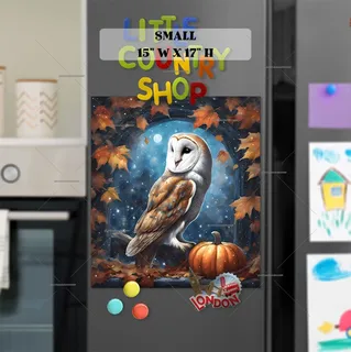 Preview of Barn Owl with Pumpkins and Leaves magnet in Small size.