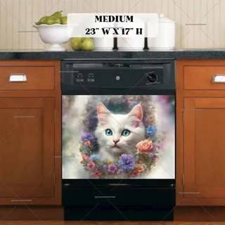 Preview of White Cat in the Flower Garden magnet in Medium size.