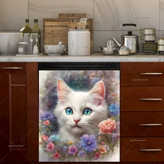 Preview of White Cat in the Flower Garden magnet.