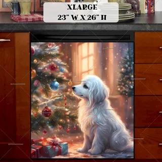 Preview of White Puppy and Christmas Tree magnet in Extra Large size.