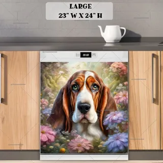 Preview of Cute Basset Hound in the Garden magnet in Large size.