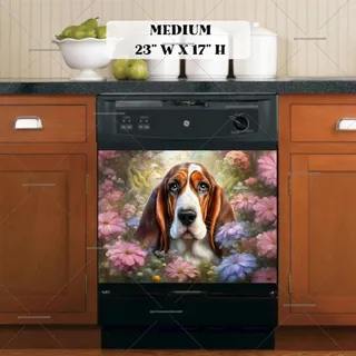 Preview of Cute Basset Hound in the Garden magnet in Medium size.