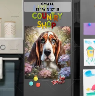 Preview of Cute Basset Hound in the Garden magnet in Small size.