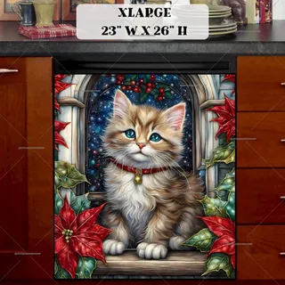 Preview of Stained Glass Poinsettias and Kitten magnet in Extra Large size.