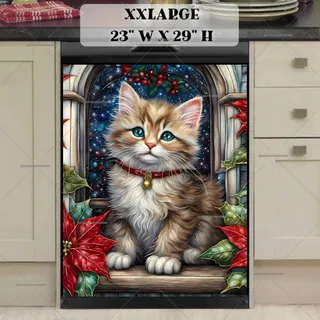 Preview of Stained Glass Poinsettias and Kitten magnet in XX Large size.