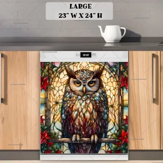 Preview of Pretty Stained Glass Christmas Owl magnet in Large size.