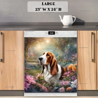 Preview of Cute Basset Hound and Flowers magnet in Large size.