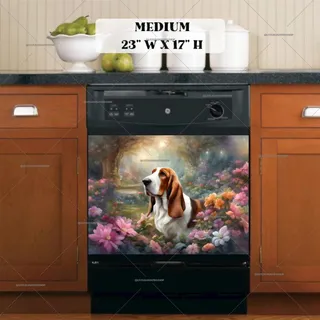 Preview of Cute Basset Hound and Flowers magnet in Medium size.