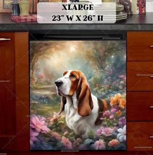 Preview of Cute Basset Hound and Flowers magnet in Extra Large size.