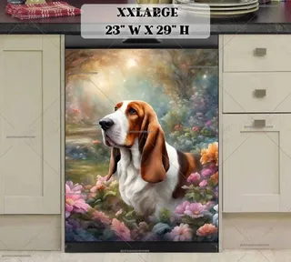 Preview of Cute Basset Hound and Flowers magnet in XX Large size.