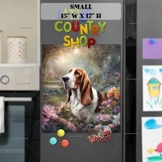 Preview of Cute Basset Hound and Flowers magnet in Small size.