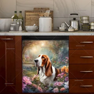 Preview of Cute Basset Hound and Flowers magnet.