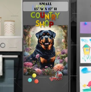 Preview of Cute Rottweiler and Flowers magnet in Small size.